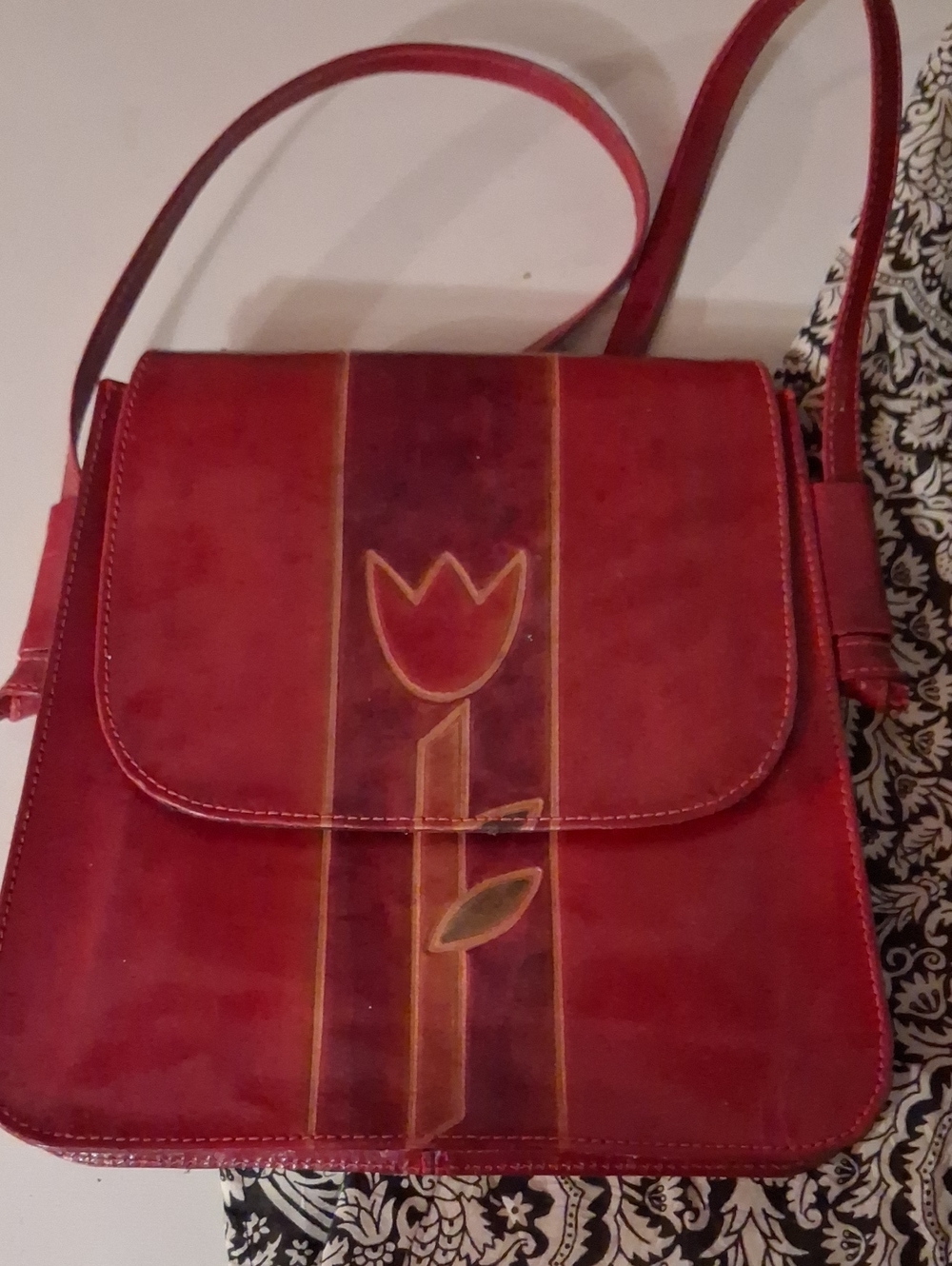 Red Leather Crossbody Bag with Tulip Detail